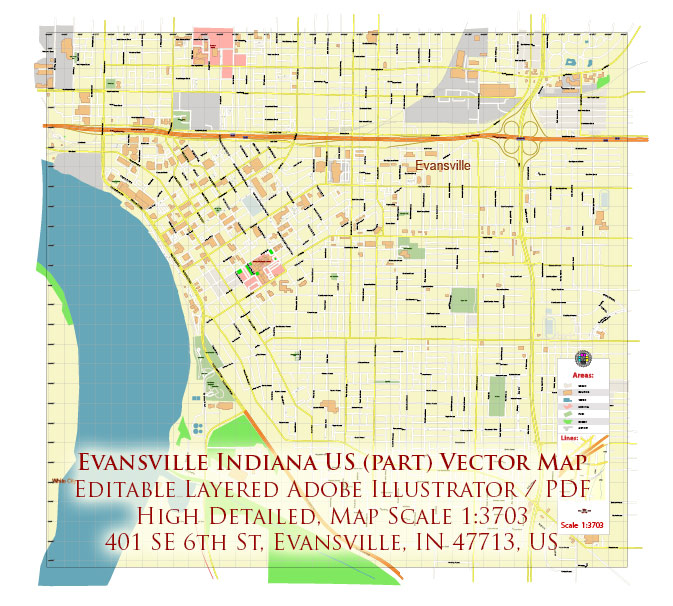 Evansville (cental part) Indiana US PDF Vector Map: City Plan High Detailed Street Map editable Adobe PDF in layers