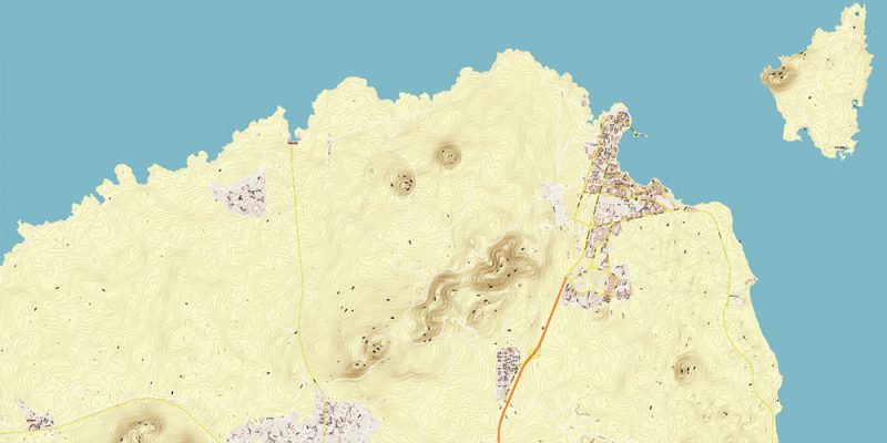 Fuerteventura Island Canary Spain Map Vector High Detailed + Relief Topo Isolines 5 feet editable Adobe Illustrator in layers