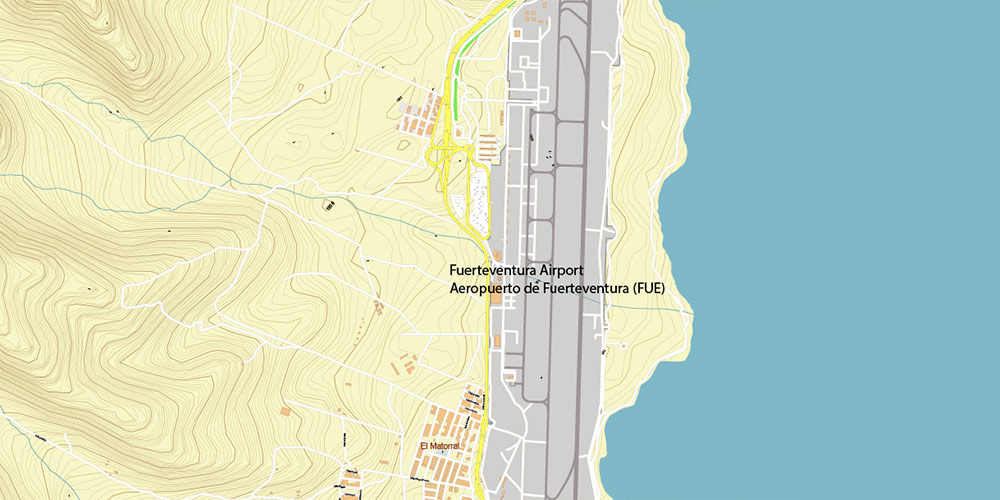 Fuerteventura Island Canary Spain AutoCAD DWG + PDF Vector Map: High Detailed + Relief Topo Isolines 5 feet editable in layers