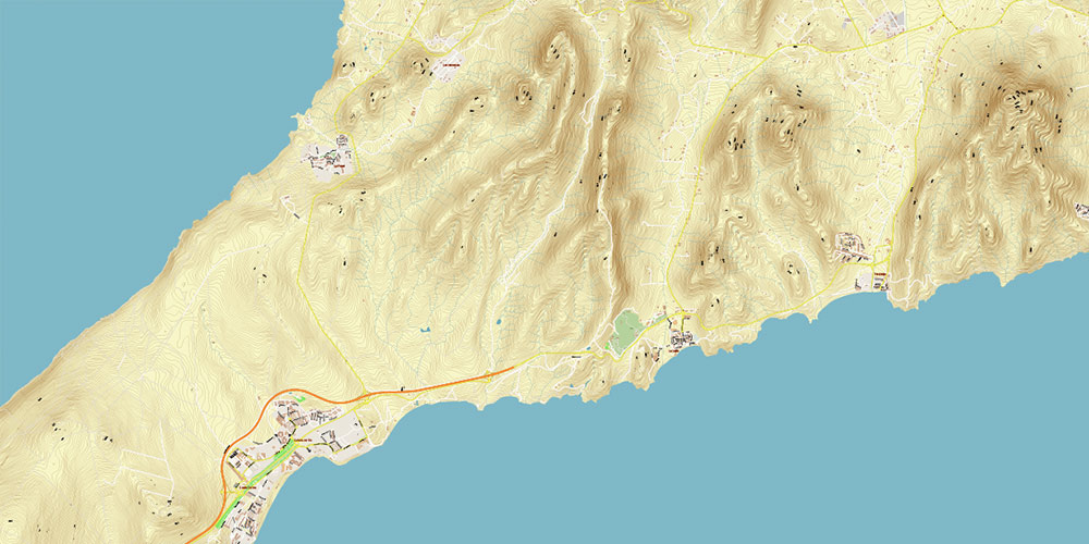 Fuerteventura Island Canary Spain AutoCAD DWG + PDF Vector Map: High Detailed + Relief Topo Isolines 5 feet editable in layers