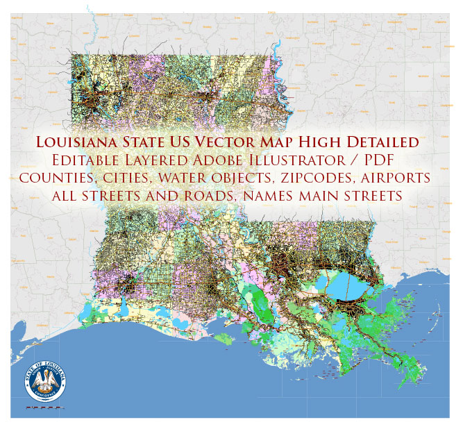 Louisiana State US Map Vector Exact Roads Plan High Detailed Street Map + Counties + Zipcodes editable Adobe Illustrator in layers