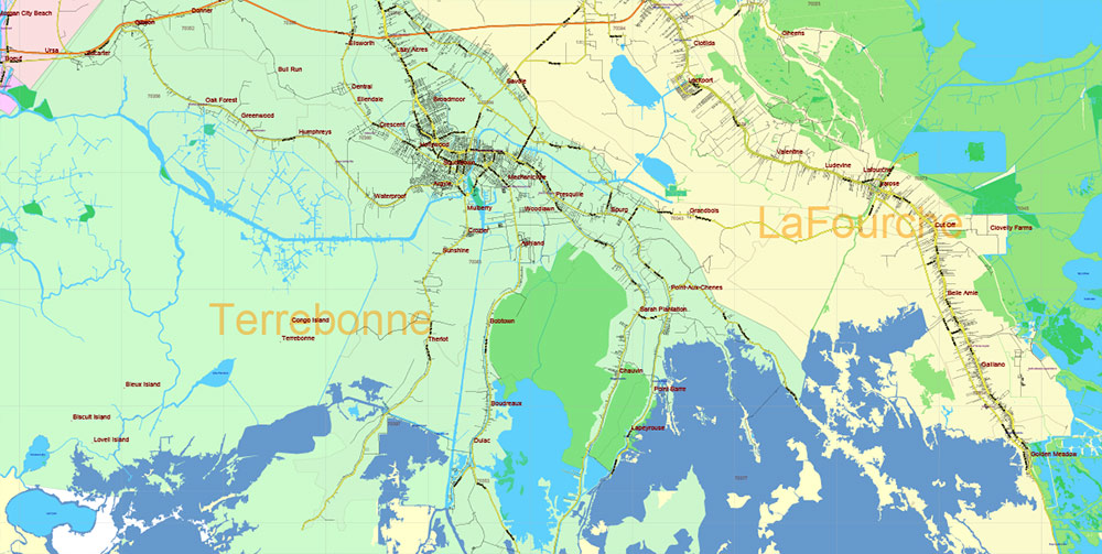 Louisiana State US PDF Vector Map: Exact Roads Plan High Detailed Street Map + Counties + Zipcodes editable Adobe PDF in layers
