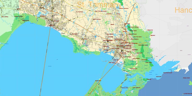 Louisiana State US Map Vector Exact Roads Plan High Detailed Street Map + Counties + Zipcodes editable Adobe Illustrator in layers