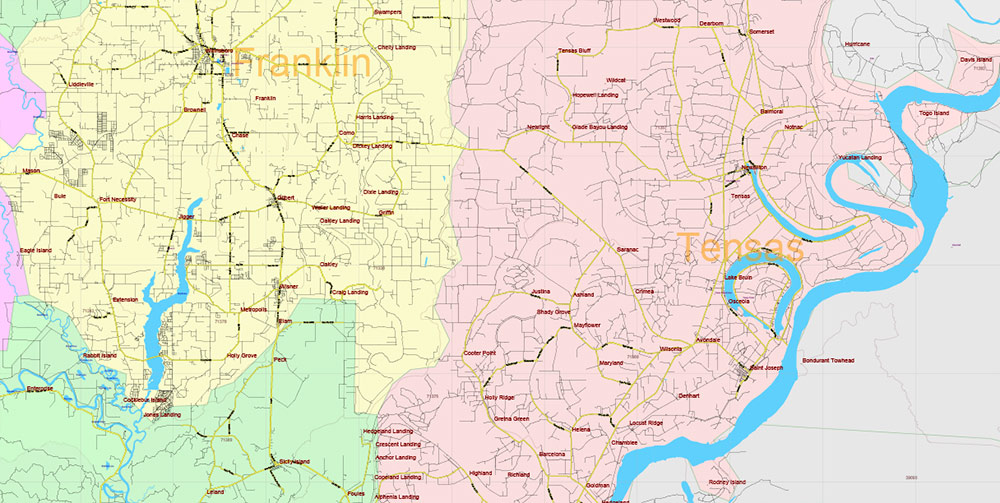 Louisiana State US PDF Vector Map: Exact Roads Plan High Detailed Street Map + Counties + Zipcodes editable Adobe PDF in layers