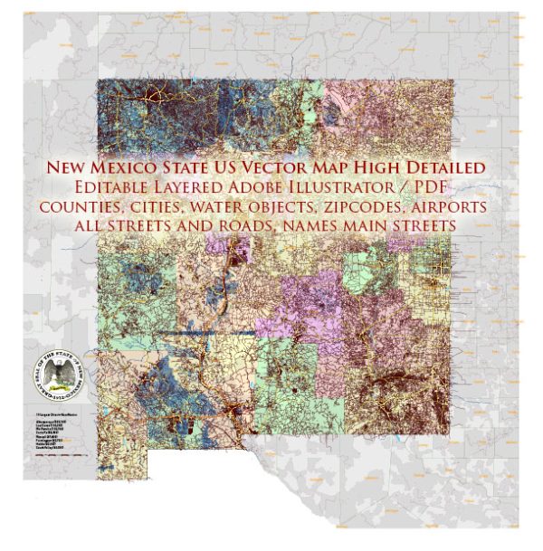 New Mexico State US Map Vector Exact Roads Plan High Detailed Street Map + Counties + Zipcodes editable Adobe Illustrator in layers