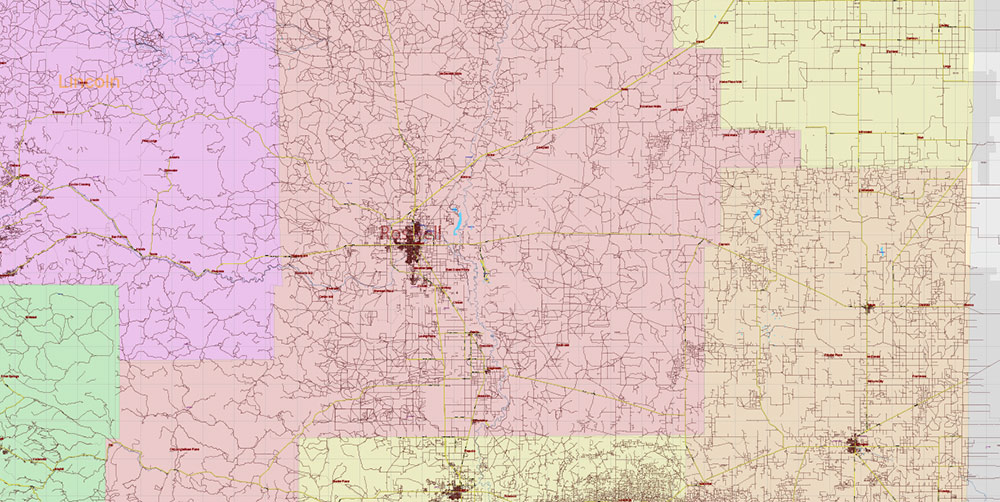 New Mexico State US PDF Map: Vector Exact Roads Plan High Detailed Street Map + Counties + Zipcodes editable Adobe PDF in layers