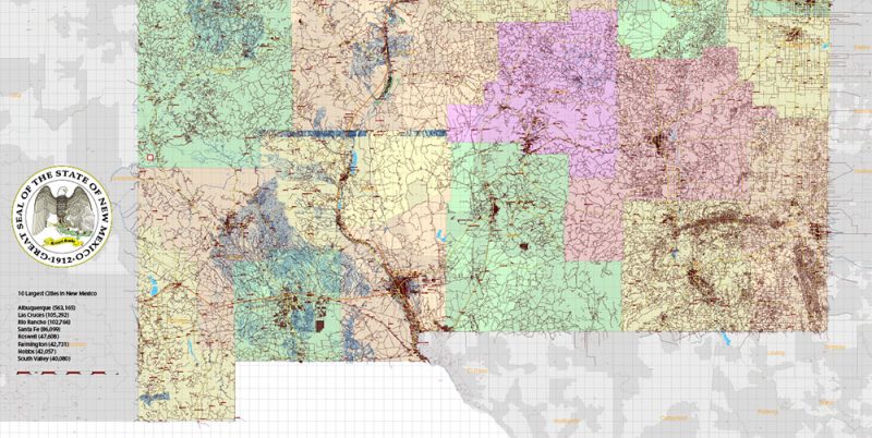 New Mexico State US Map Vector Exact Roads Plan High Detailed Street Map + Counties + Zipcodes editable Adobe Illustrator in layers