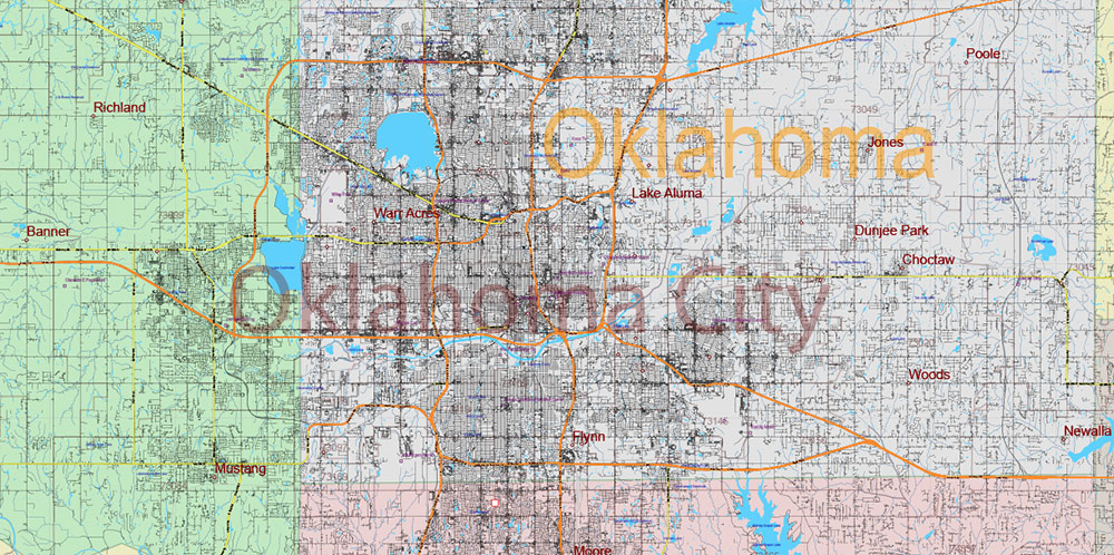 Oklahoma State US PDF Vector Map: Exact Roads Plan High Detailed Street Map + Counties + Zipcodes editable Adobe PDF in layers