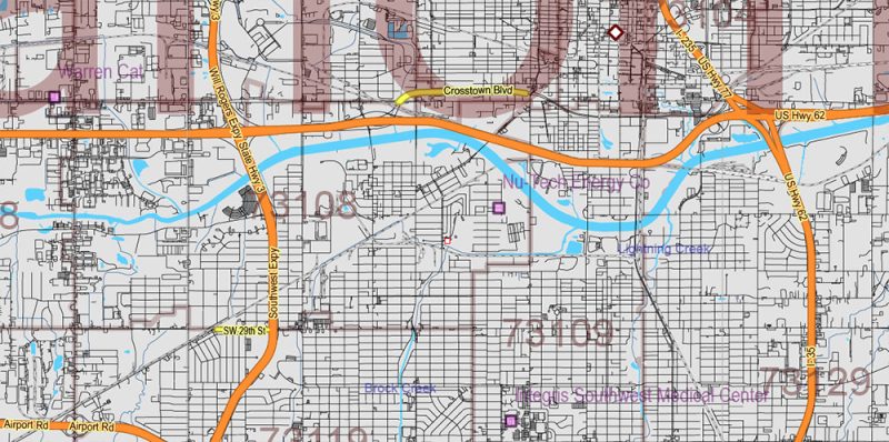 Oklahoma State US Map Vector Exact Roads Plan High Detailed Street Map + Counties + Zipcodes editable Adobe Illustrator in layers