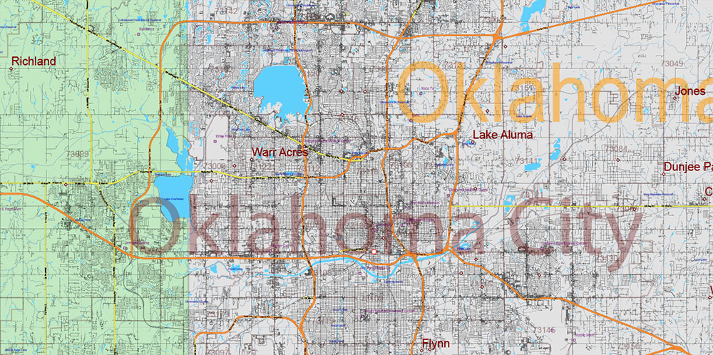 Oklahoma State US PDF Vector Map: Exact Roads Plan High Detailed Street Map + Counties + Zipcodes editable Adobe PDF in layers