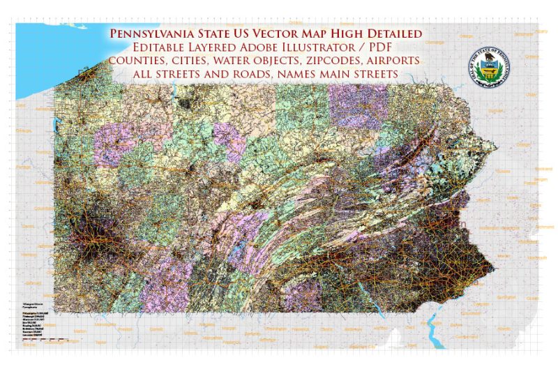 Pennsylvania State US Map Vector Exact Roads Plan High Detailed Street Map + Counties + Zipcodes editable Adobe Illustrator in layers