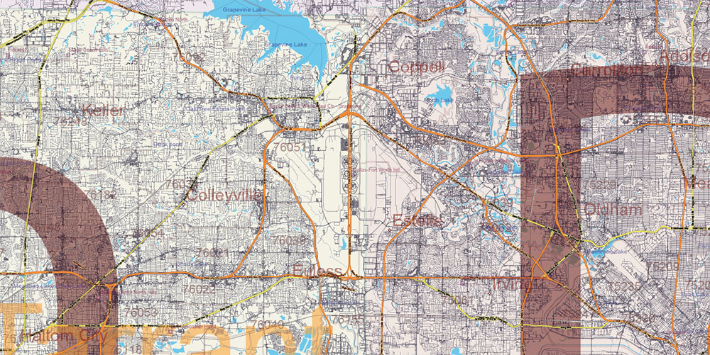 Texas State US PDF Vector Map: Exact Roads Plan High Detailed Street Map + Counties + Zipcodes editable Adobe PDF in layers