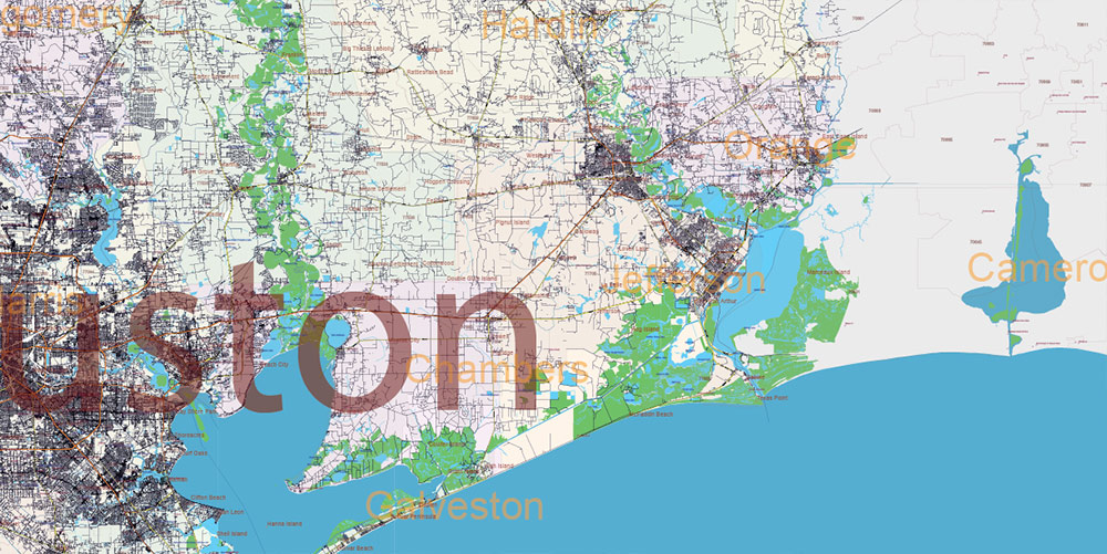 Texas State US Map Vector Exact Roads Plan High Detailed Street Map + Counties + Zipcodes editable Adobe Illustrator in layers