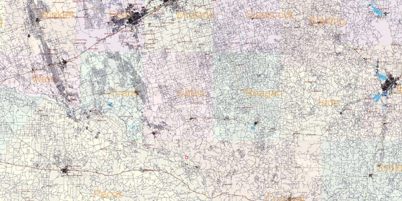 Texas State US Map Vector Exact Roads Plan High Detailed Street Map + Counties + Zipcodes editable Adobe Illustrator in layers