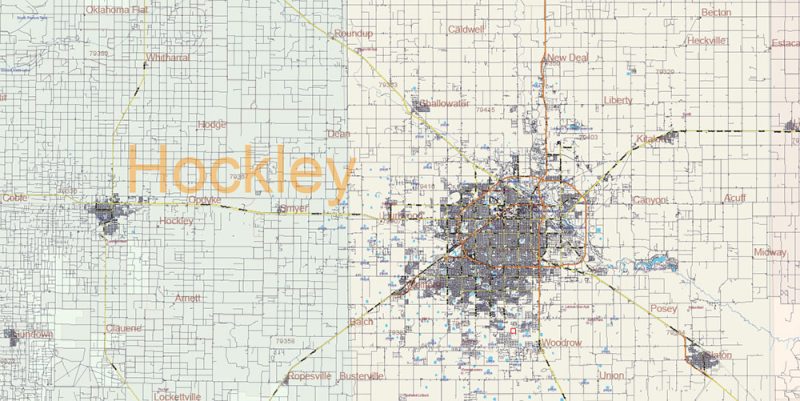 Texas State US Map Vector Exact Roads Plan High Detailed Street Map + Counties + Zipcodes editable Adobe Illustrator in layers