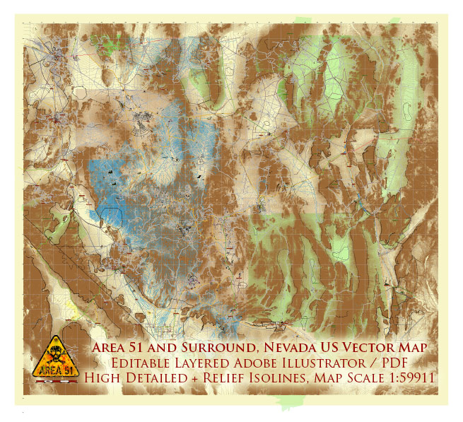 Area 51 (and surround) Nevada US Editable Layered Vector map: Extra High Detailed, with Relief Isolines (5m) Free Download