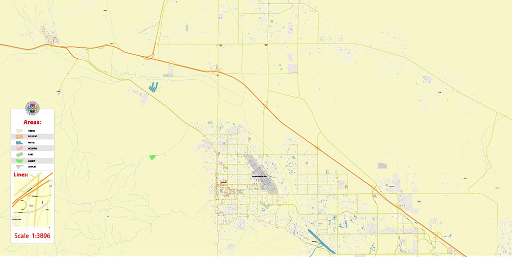 Desert Hot Springs + Palm Springs California US PDF Vector Map: High Detailed editable Adobe PDF in layers