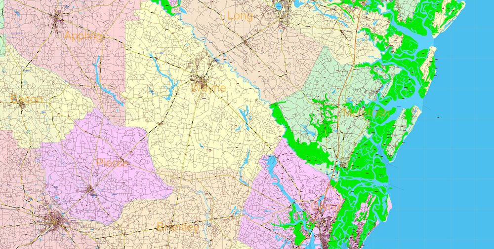 Georgia State US Map Vector Exact Roads Plan High Detailed Street Map + Counties + Zipcodes editable Adobe Illustrator in layers