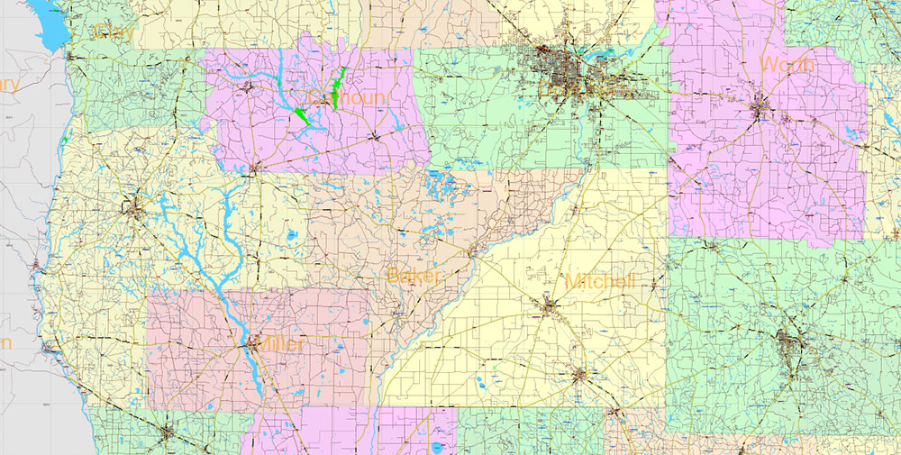 Georgia State US Map Vector Exact Roads Plan High Detailed Street Map + Counties + Zipcodes editable Adobe Illustrator in layers