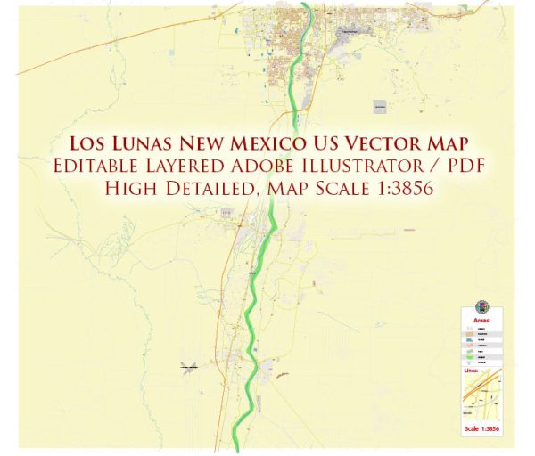 Los Lunas New Mexico + Albuquerque Airport US Map Vector High Detailed editable Adobe Illustrator in layers