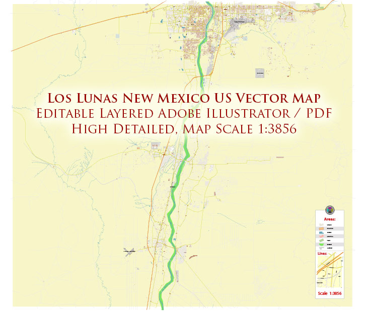 Los Lunas New Mexico + Albuquerque Airport US PDF Vector Map: High Detailed editable Adobe PDF in layers