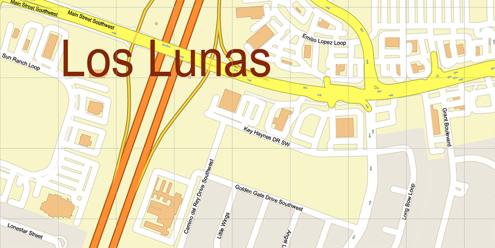 Los Lunas New Mexico + Albuquerque Airport US PDF Vector Map: High Detailed editable Adobe PDF in layers