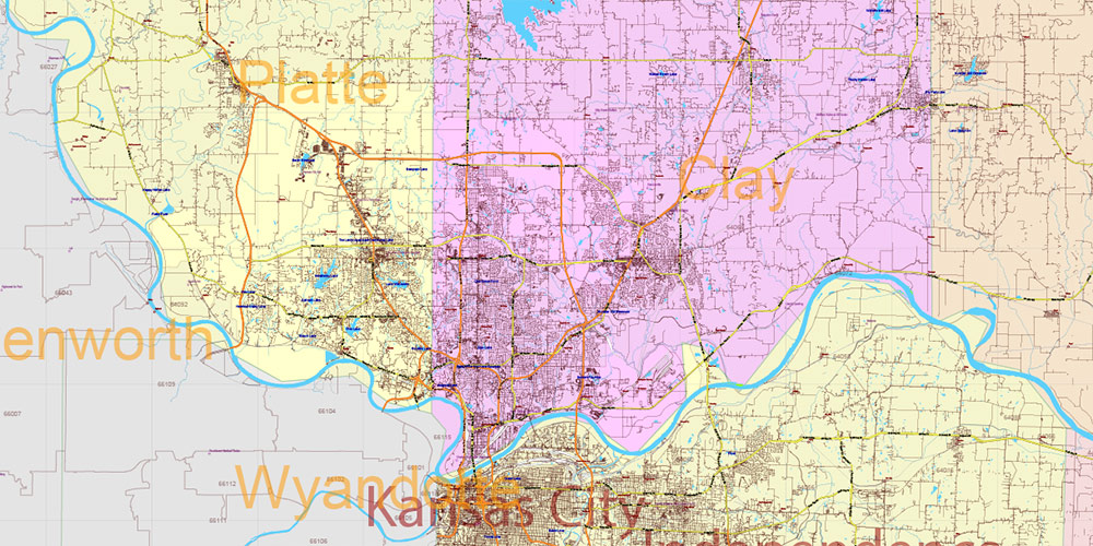 Missouri State US PDF Vector Map Exact Roads Plan High Detailed Street Map + Counties + Zipcodes editable Adobe PDF in layers