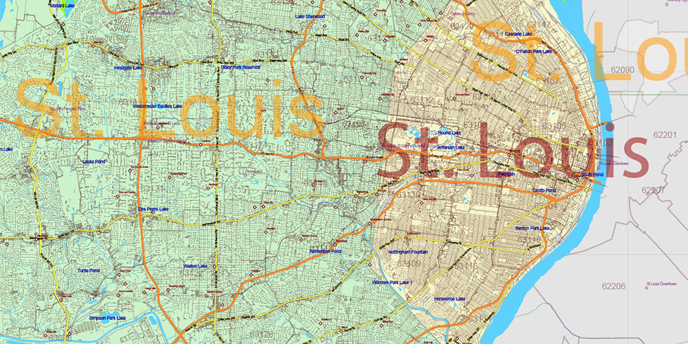 Missouri State US Map Vector Exact Roads Plan High Detailed Street Map + Counties + Zipcodes editable Adobe Illustrator in layers