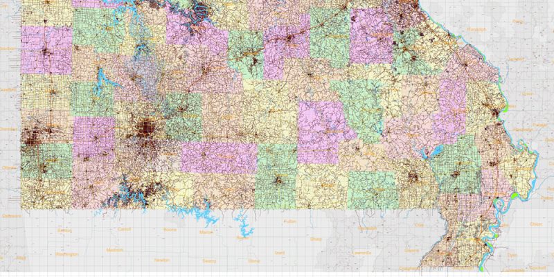 Missouri State US Map Vector Exact Roads Plan High Detailed Street Map + Counties + Zipcodes editable Adobe Illustrator in layers