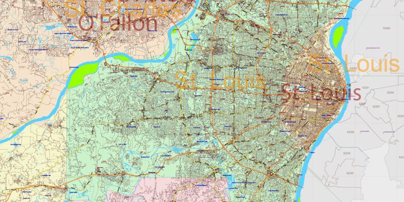 Missouri State US Map Vector Exact Roads Plan High Detailed Street Map + Counties + Zipcodes editable Adobe Illustrator in layers