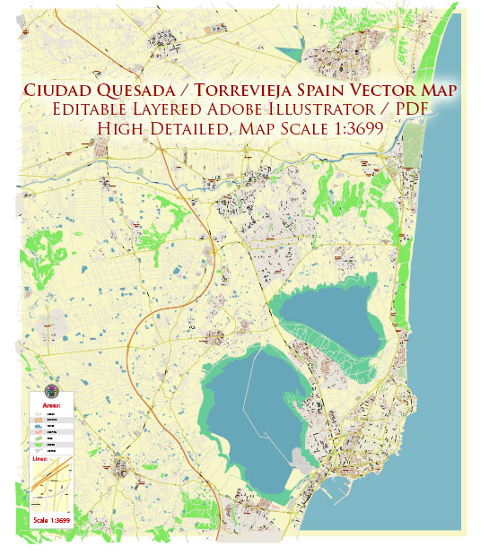Quesada Torrevieja Spain Map Vector Exact City Plan High Detailed Street Map editable Adobe Illustrator in layers