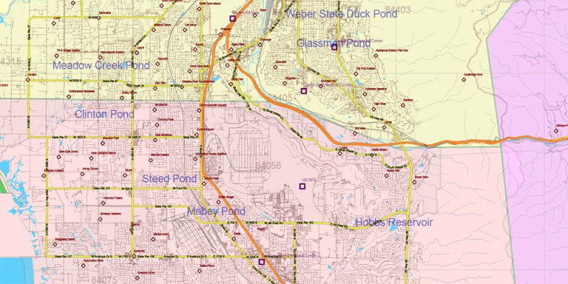 Utah State US Map Vector Exact Roads Plan High Detailed Street Map + Counties + Zipcodes editable Adobe Illustrator in layers
