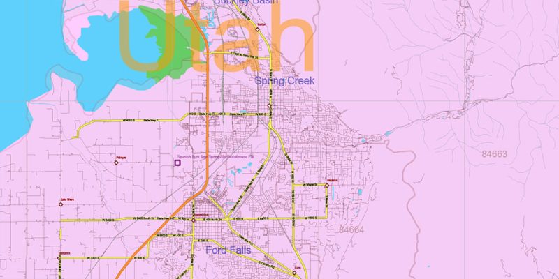 Utah State US Map Vector Exact Roads Plan High Detailed Street Map + Counties + Zipcodes editable Adobe Illustrator in layers