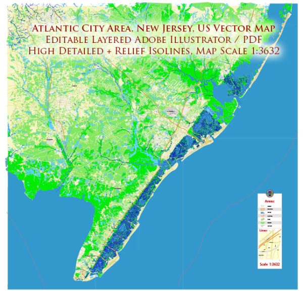 Atlantic City Area New Jersey US Map Vector City Plan High Detailed Street Map editable Adobe Illustrator in layers