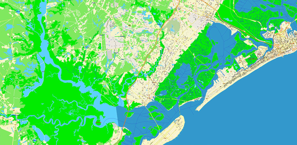 Atlantic City Area New Jersey US PDF Vector Map: City Plan High Detailed Street Map editable Adobe PDF in layers