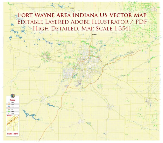 Fort Wayne Indiana US Area Map Vector City Plan High Detailed Street