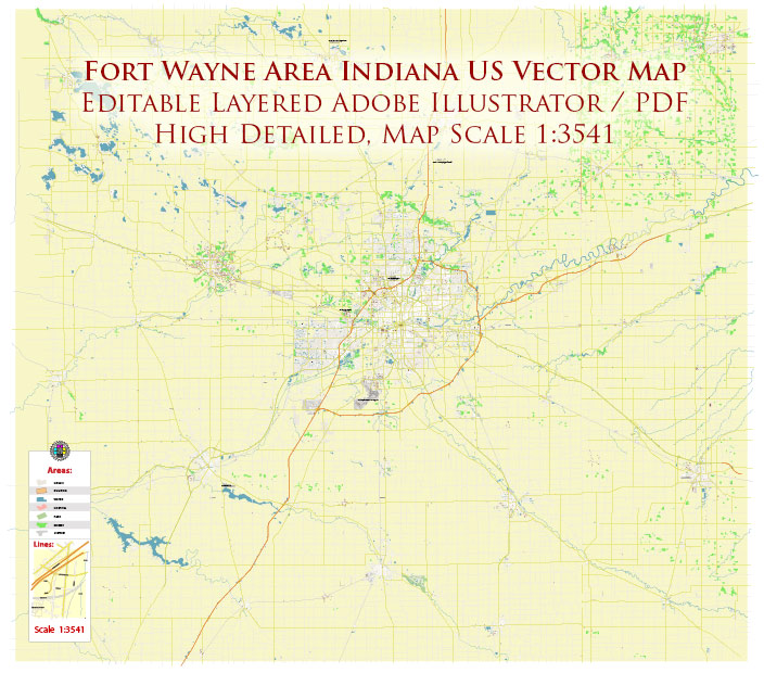 Fort Wayne Indiana US Area Map Vector City Plan High Detailed Street Map editable Adobe Illustrator in layers