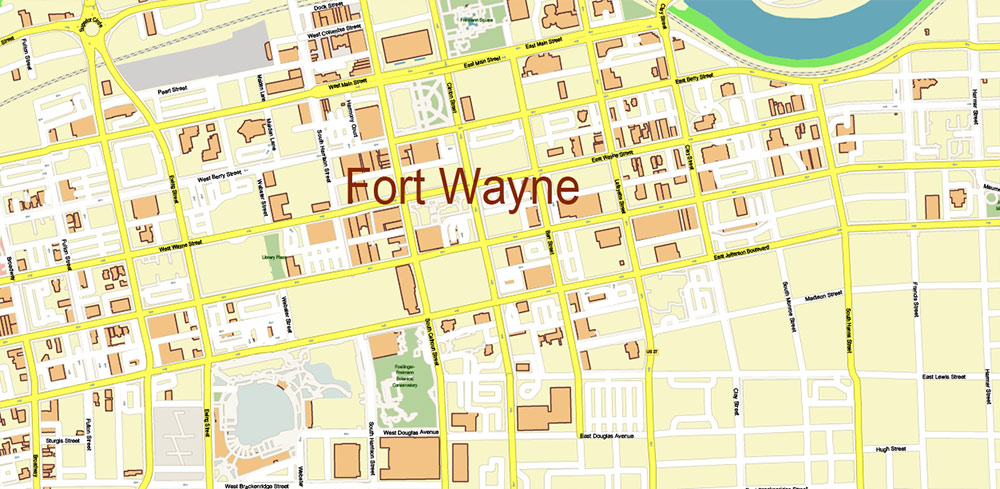 Fort Wayne Indiana US Area PDF Vector Map: City Plan High Detailed Street Map editable Adobe PDF in layers