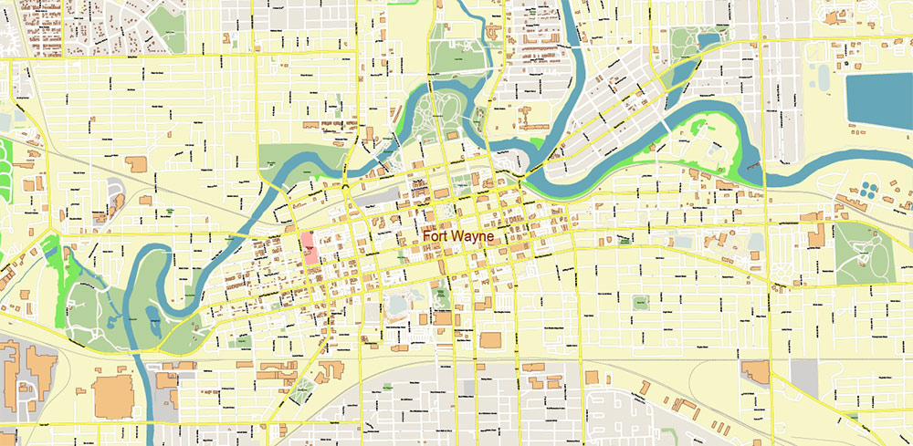 Fort Wayne Indiana US Area PDF Vector Map: City Plan High Detailed Street Map editable Adobe PDF in layers