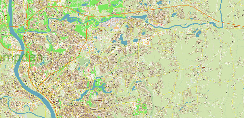 Springfield Area Massachusetts US PDF Vector Map: City Plan + Zipcodes High Detailed Street Map editable Adobe PDF in layers