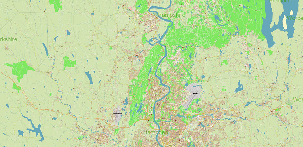 Springfield Area Massachusetts US Map Vector City Plan + Zipcodes High Detailed Street Map editable Adobe Illustrator in layers