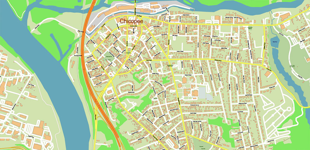 Springfield Area Massachusetts US PDF Vector Map: City Plan + Zipcodes High Detailed Street Map editable Adobe PDF in layers