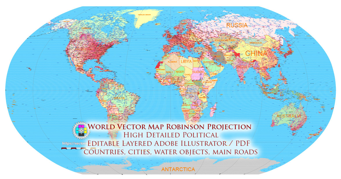 World Robinson Projection Political PDF Vector Map High detailed fully editable, Adobe PDF