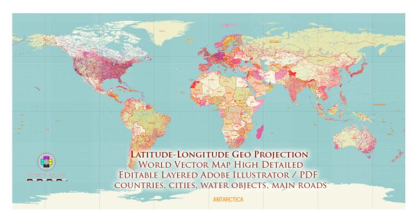 World Geo Lat-Long Projection Political Vector Map High detailed fully editable, Adobe Illustrator
