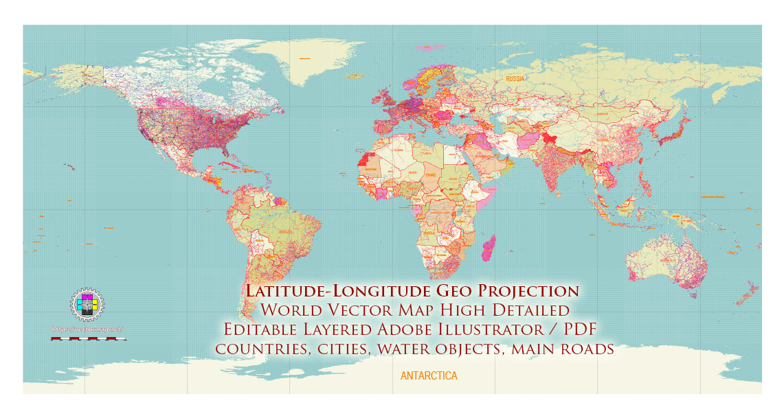 World Geo Lat-Long Projection Political PDF Vector Map High detailed fully editable, Adobe PDF in Layers