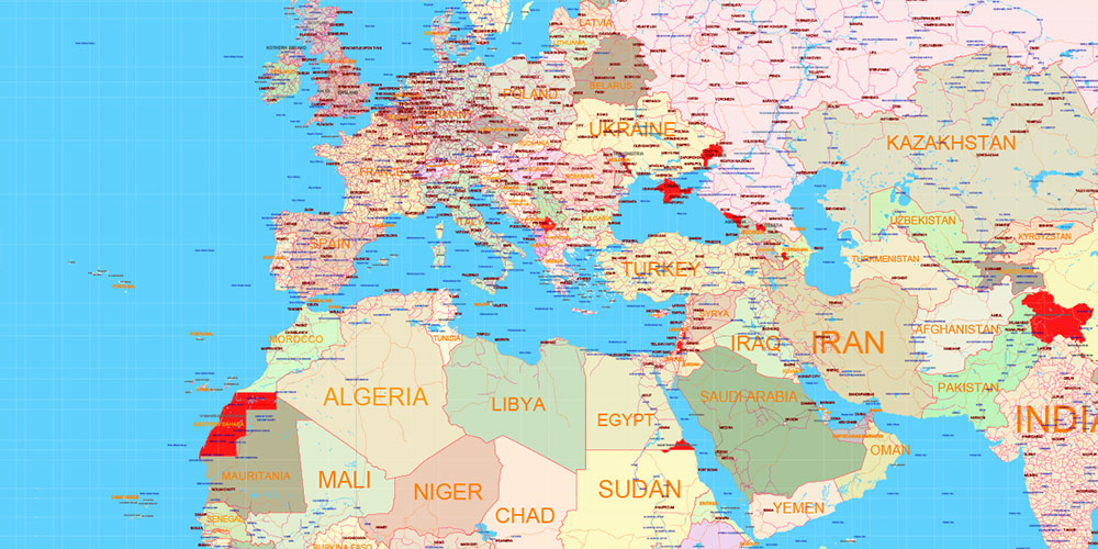 World Mercator Projection Political Vector Map High detailed fully editable, Adobe Illustrator