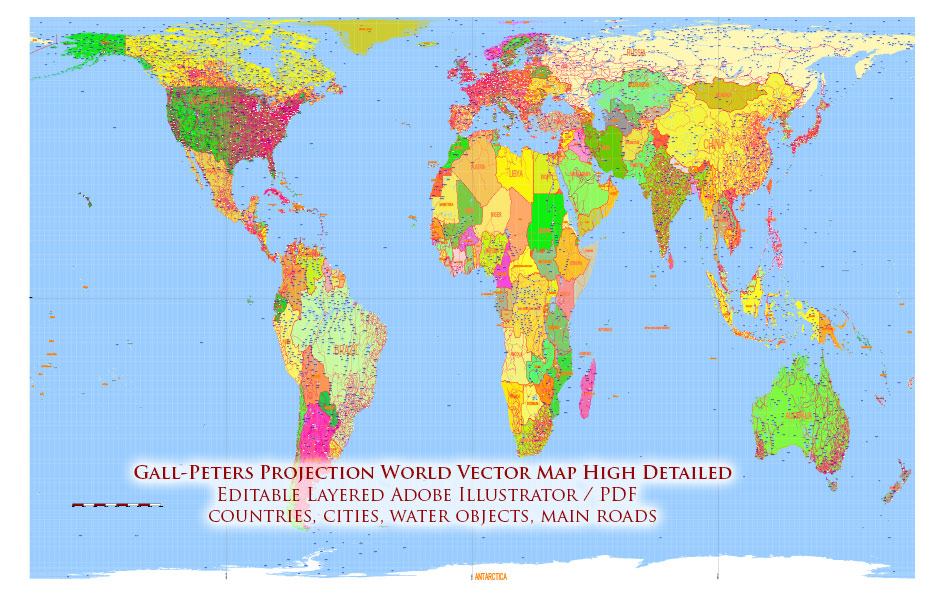 World Gall-Peters Projection Political Map High detailed fully editable, Adobe Illustrator