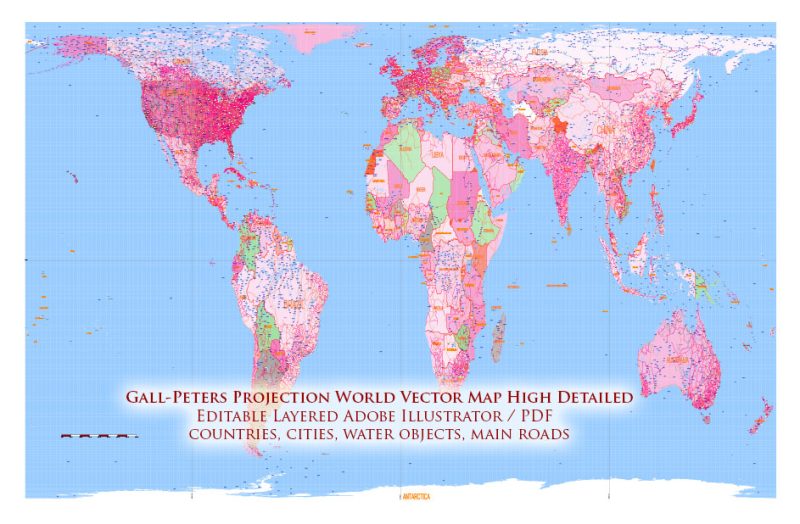 World Gall-Peters Projection Political Map Vector High Detailed V.3 fully editable Adobe Illustrator