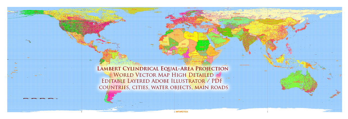 World Lambert Cylindrical Equal-Area Projection Political PDF Vector Map High detailed fully editable Layered Adobe PDF