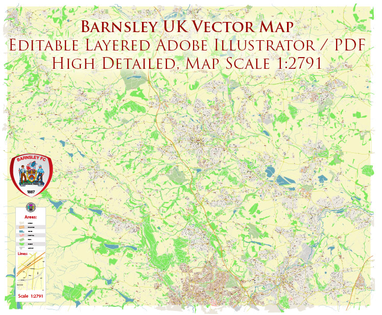 Barnsley UK PDF Vector Map: City Plan High Detailed Street Map editable Adobe PDF in layers